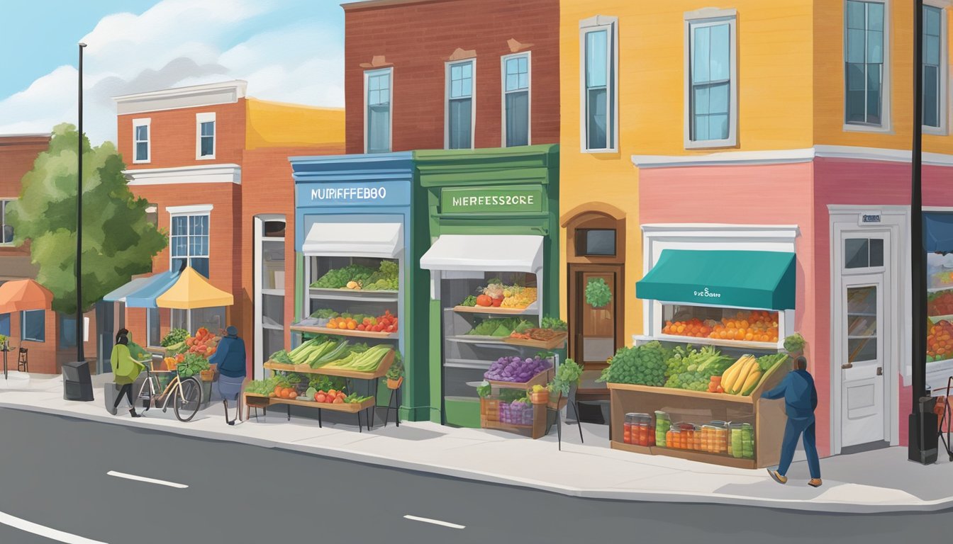 A colorful mural on a bustling street, featuring a community fridge filled with fresh produce and a guide to local resources in Murfreesboro, TN