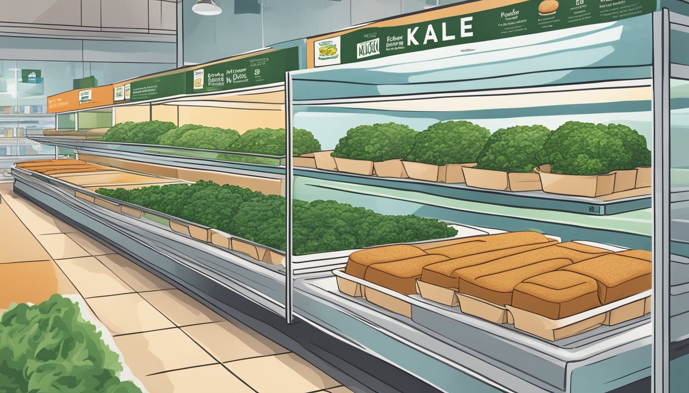 A display of Dr. Praeger's Kale Veggie Burgers in a grocery store freezer section