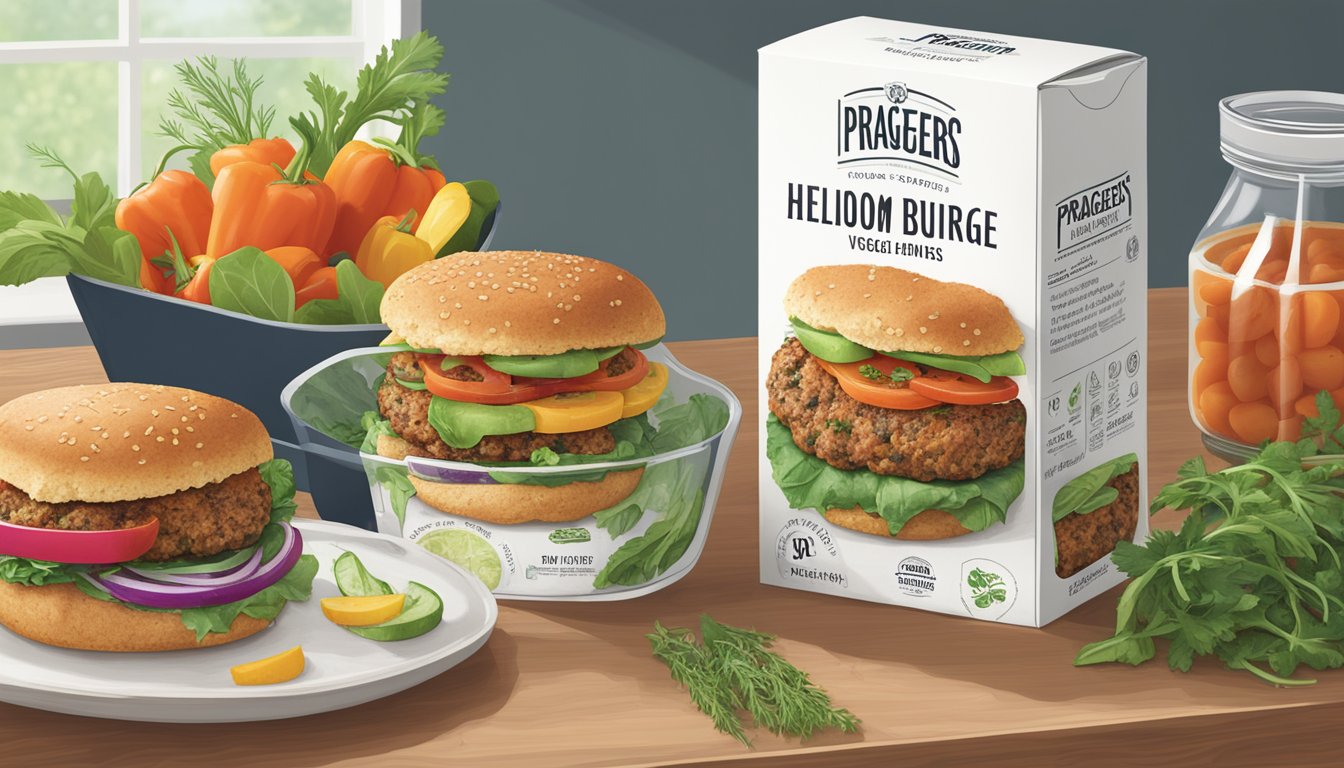 A kitchen pantry shelf with Dr. Praeger's heirloom bean veggie burgers in their packaging, surrounded by fresh vegetables and herbs