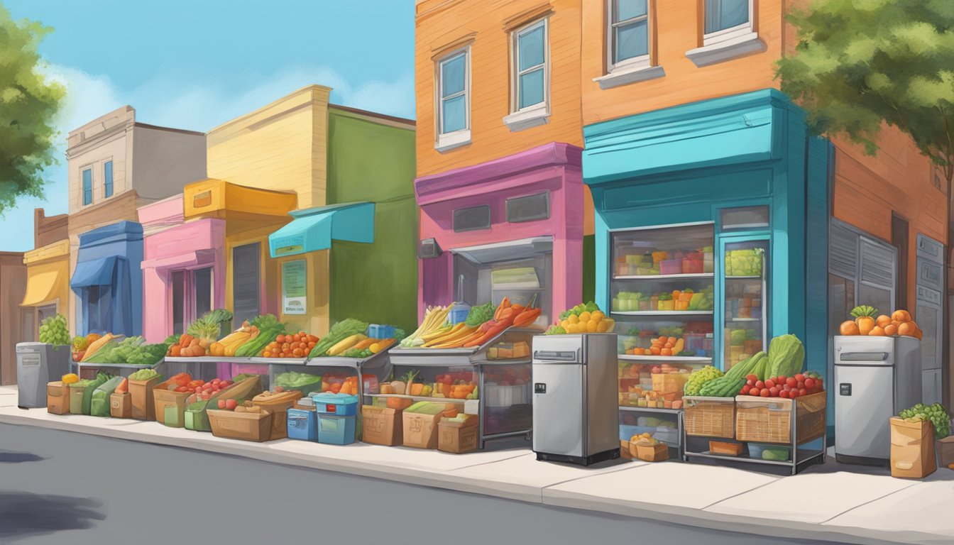 A bustling street corner in Brownsville, Texas, with colorful community fridges lined up against a wall, each filled with fresh produce and packaged goods