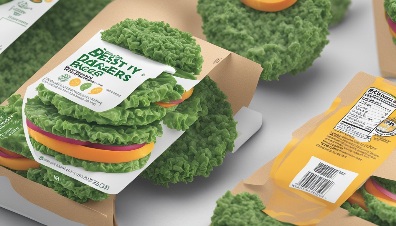 A stack of Dr. Praeger's kale veggie burgers in a freezer, with a "best by" date clearly visible on the packaging