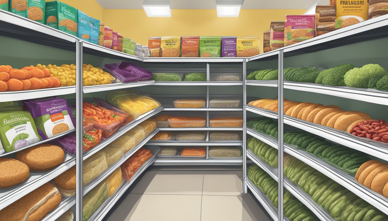 A well-stocked grocery store shelf with rows of Dr. Praeger's heirloom bean veggie burgers in colorful packaging, surrounded by other frozen food items