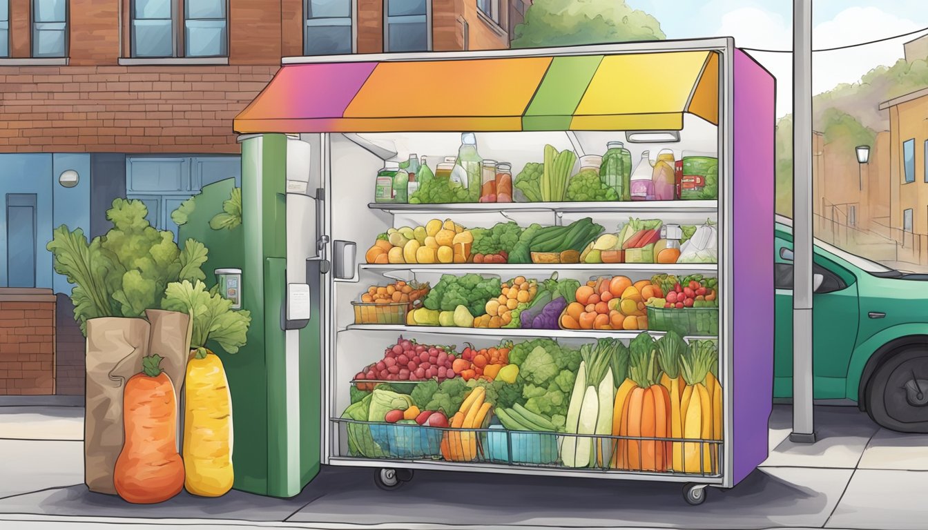 A colorful community fridge sits on a sidewalk, filled with fresh produce and packaged goods. People stop by to add or take items, creating a sense of shared abundance