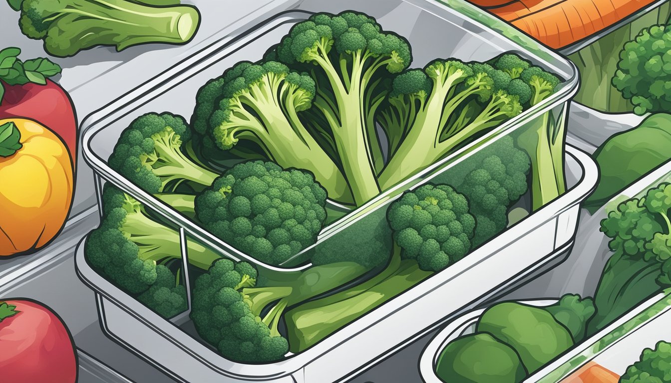 A vibrant bunch of Earthbound Farm organic broccoli florets sits in a clear, airtight container in a refrigerator, surrounded by other fresh produce