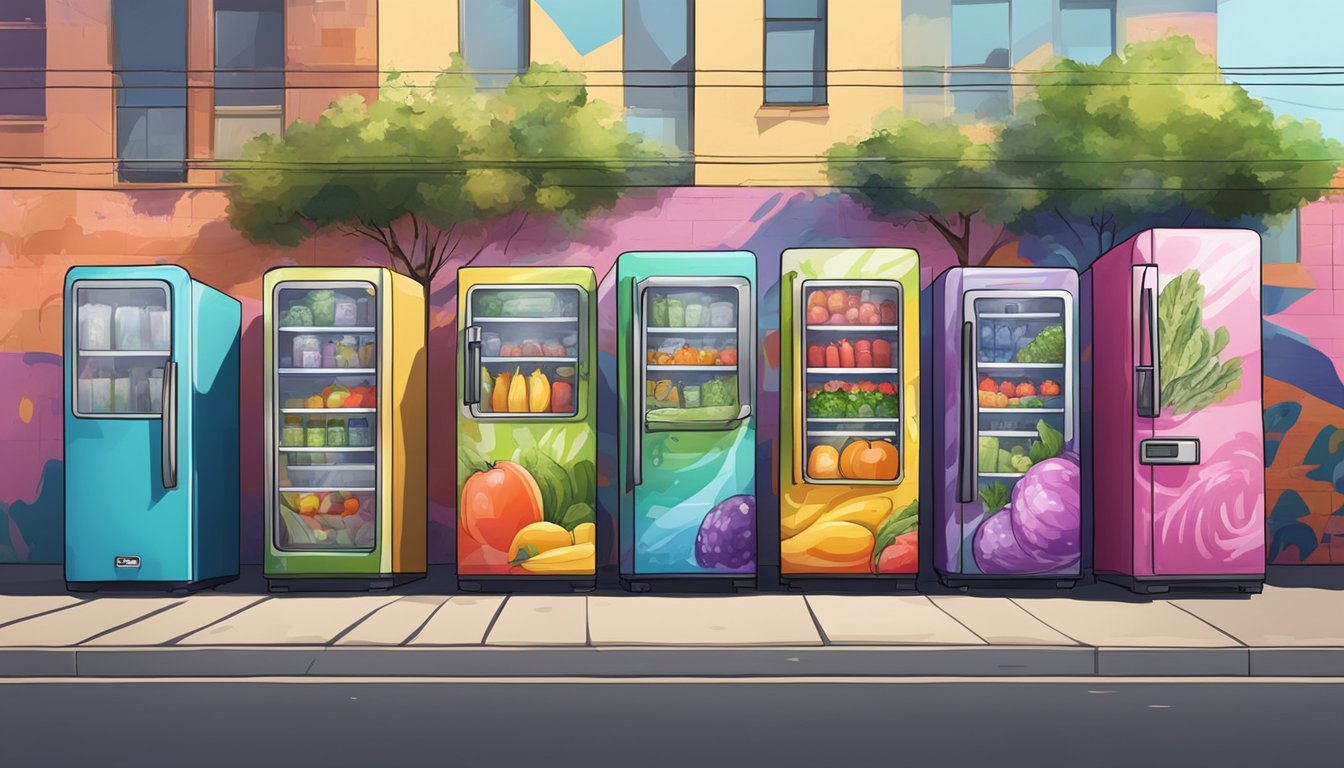 A row of colorful community fridges nestled against a graffiti-covered wall, filled with fresh produce and food for anyone in need