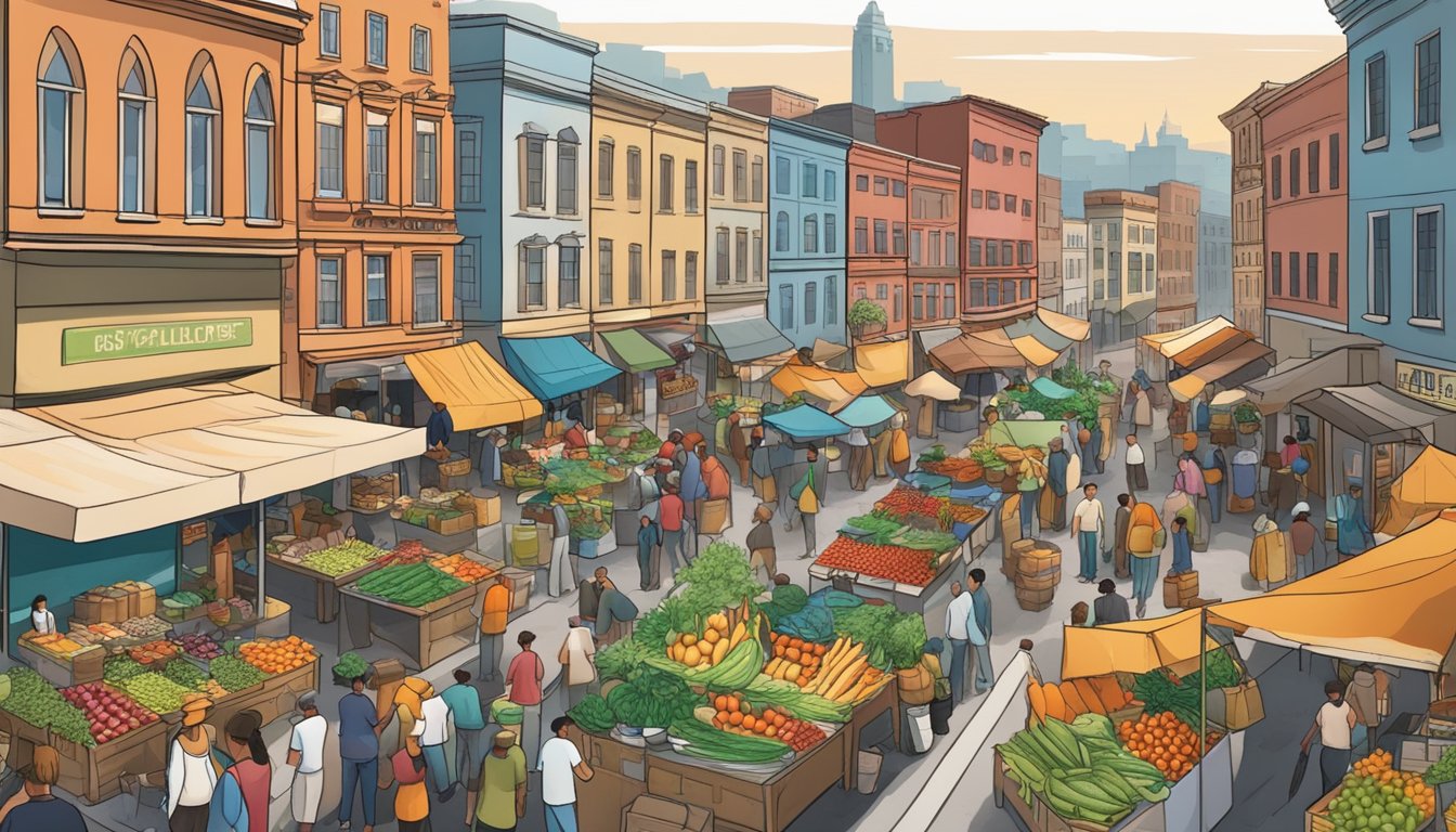 A bustling marketplace with vendors selling fresh produce and goods, surrounded by local businesses and busy streets