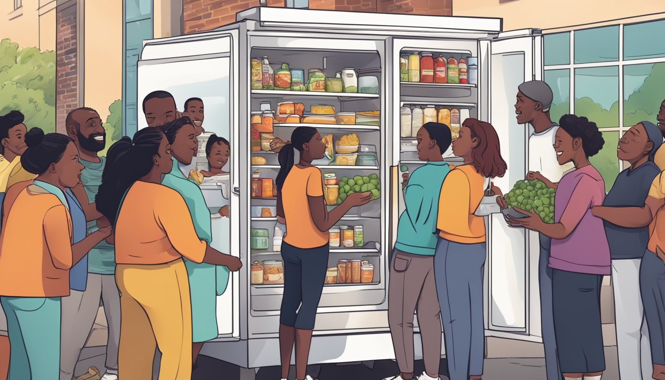 A diverse group of people from the Salem community gather around the vibrant, well-stocked community fridge, happily exchanging and donating food items