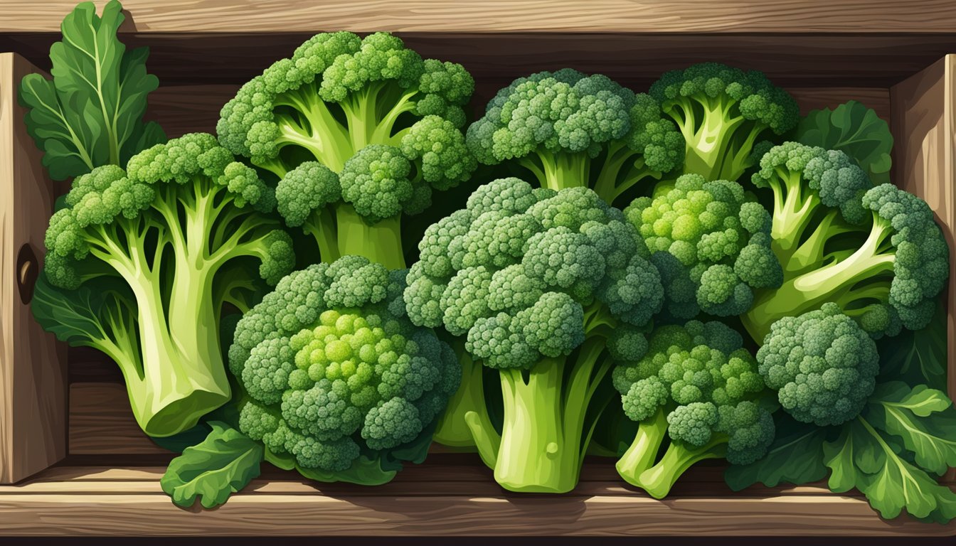 A vibrant bunch of earthbound farm organic broccoli florets sits in a rustic wooden crate, surrounded by other fresh produce. The bright green color and crisp texture indicate their freshness