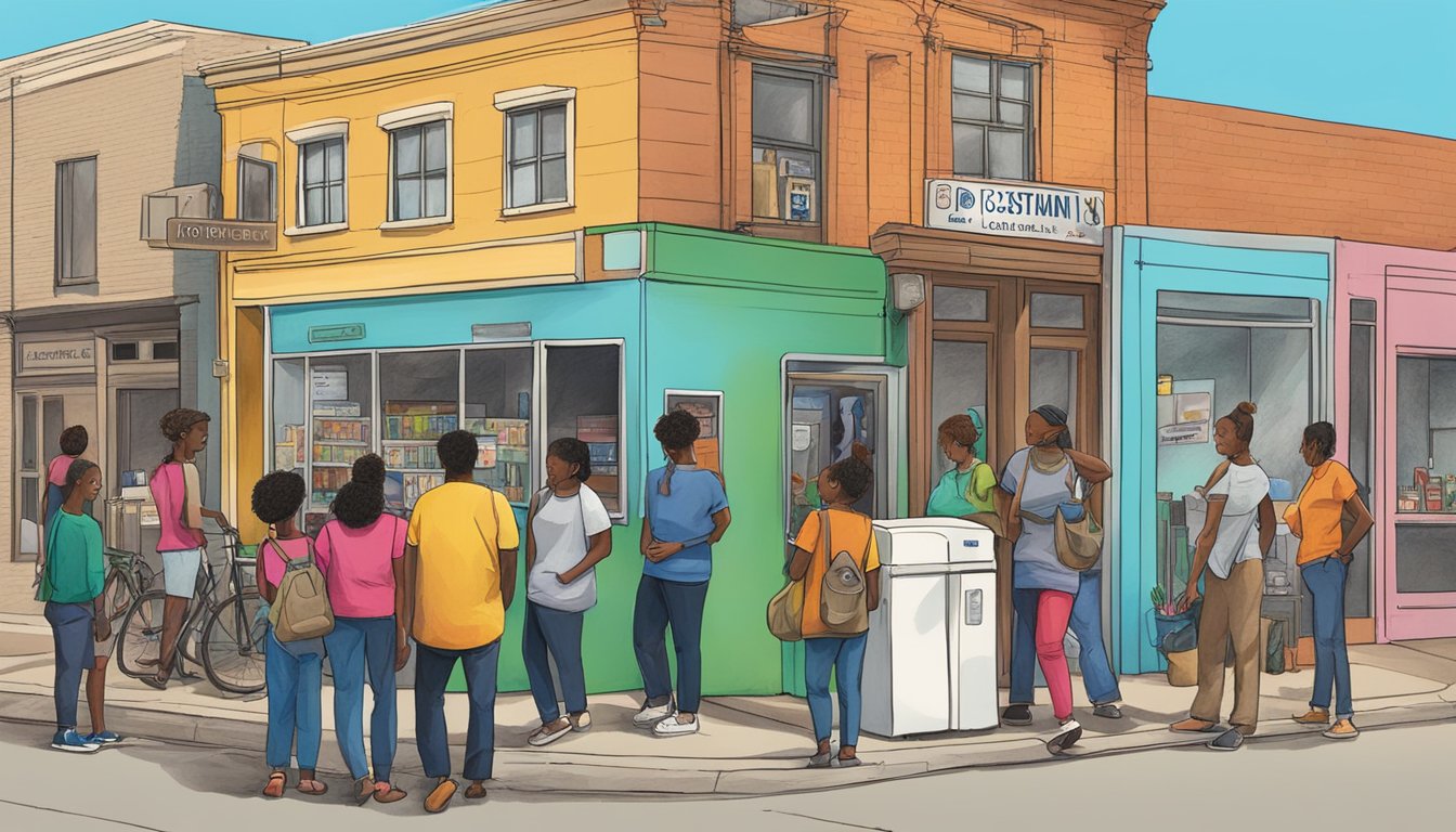 A bustling street corner in Amarillo, TX, with a colorful community fridge surrounded by diverse individuals accessing and contributing to it