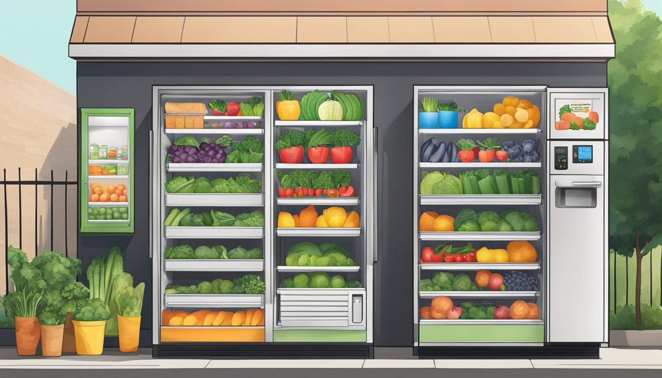 A brightly colored community fridge in Brownsville, TX, filled with fresh produce and healthy food options