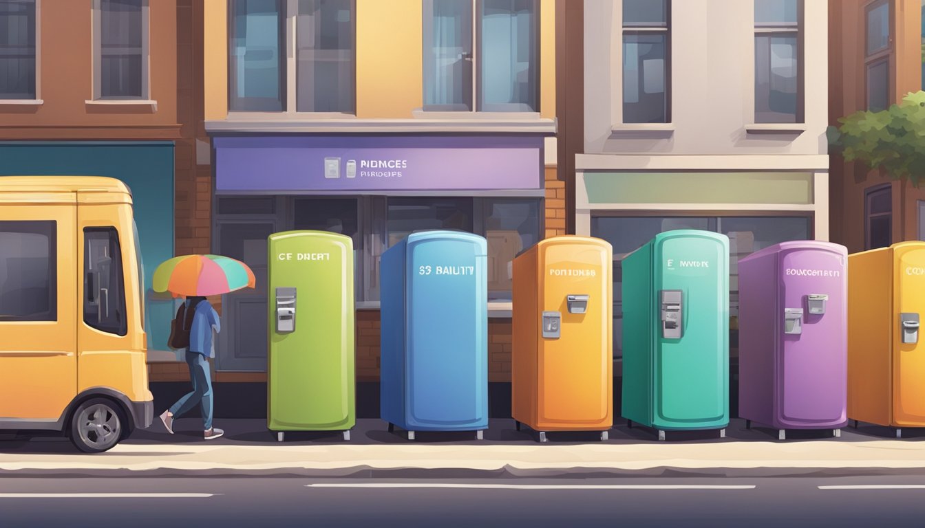 A row of colorful community fridges lined up along a city street, with people coming and going to donate or take food