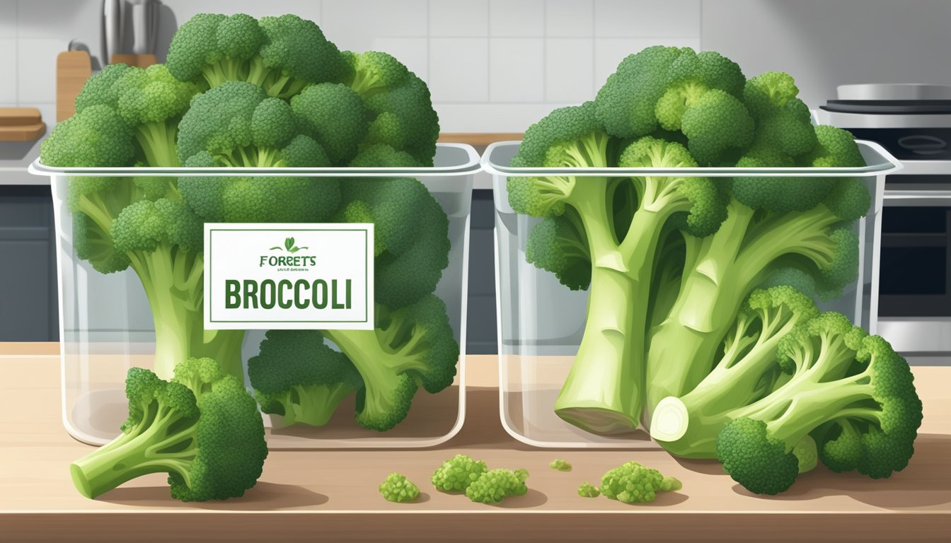 A vibrant bunch of organic broccoli florets sits in a clear, labeled container on a kitchen counter. The florets are fresh and crisp, with no signs of wilting or discoloration