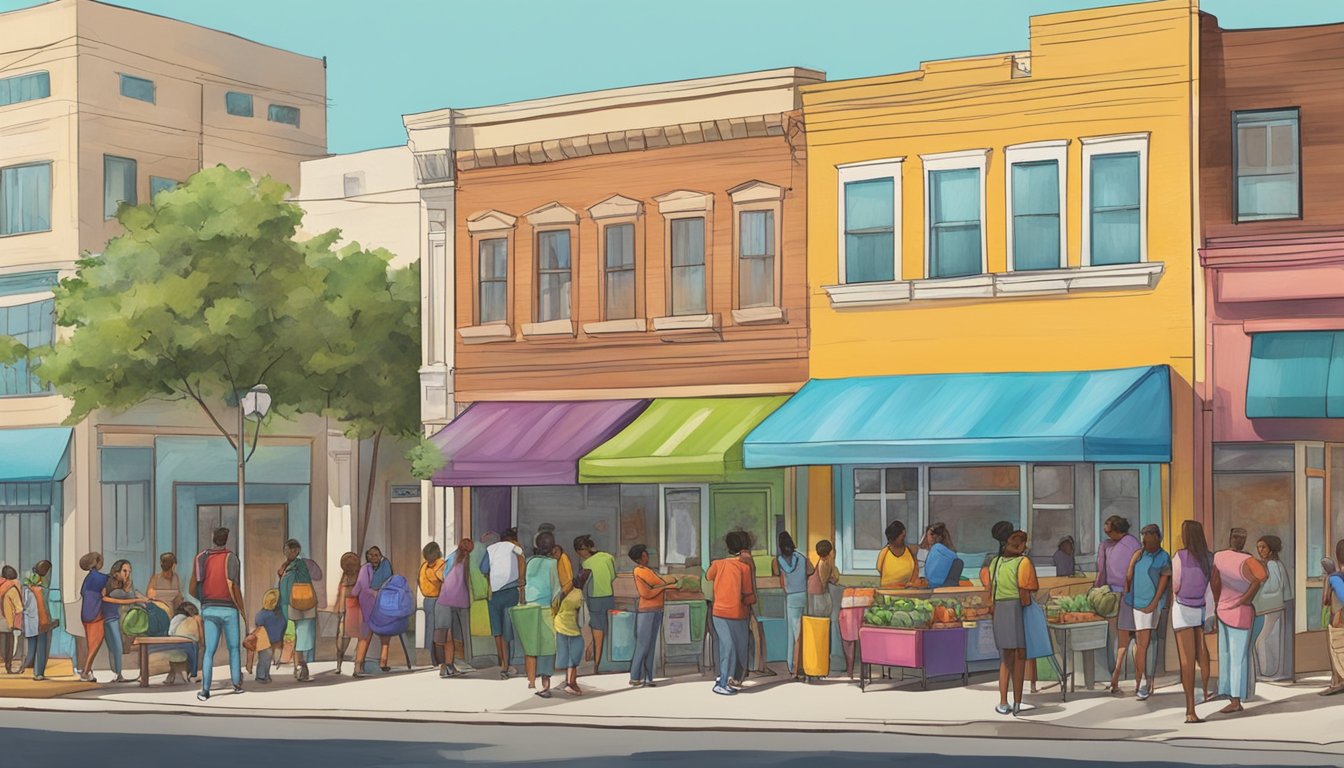 A bustling street corner in Brownsville, TX, with a colorful community fridge surrounded by people exchanging food and engaging in local events