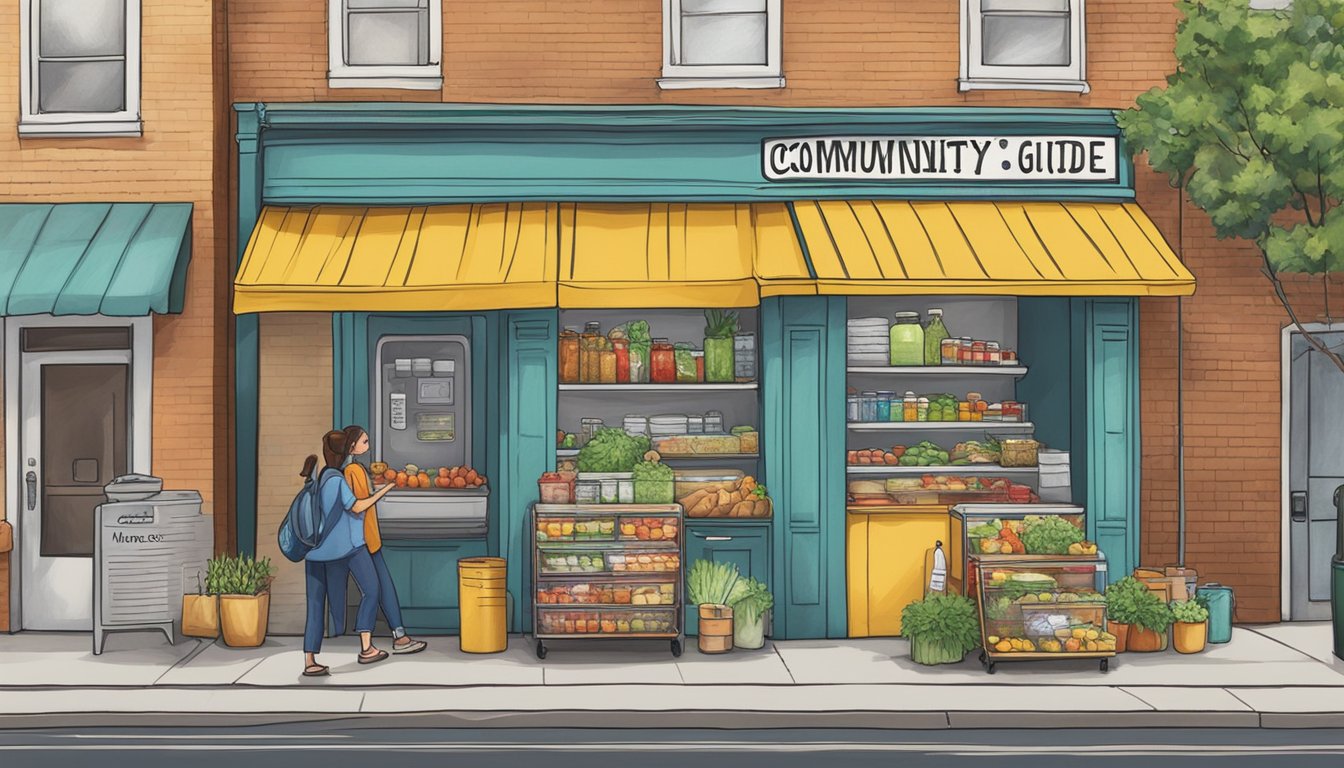 A bustling street corner with a colorful, decorated fridge filled with food and a sign reading "Community Fridge Guide" in Amarillo, TX