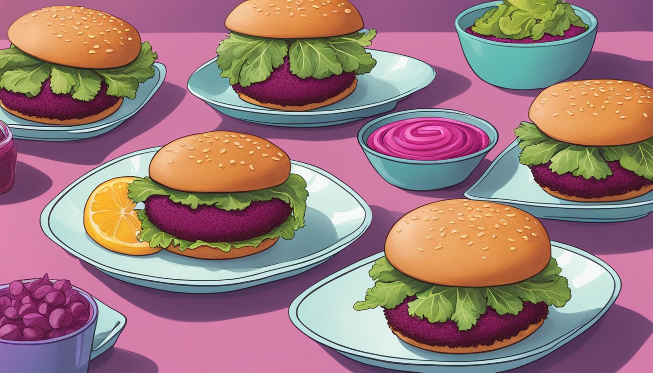 A plate of Dr. Praeger's Sweet Heat Beet Veggie Burgers, with vibrant colors and a hint of steam rising from them