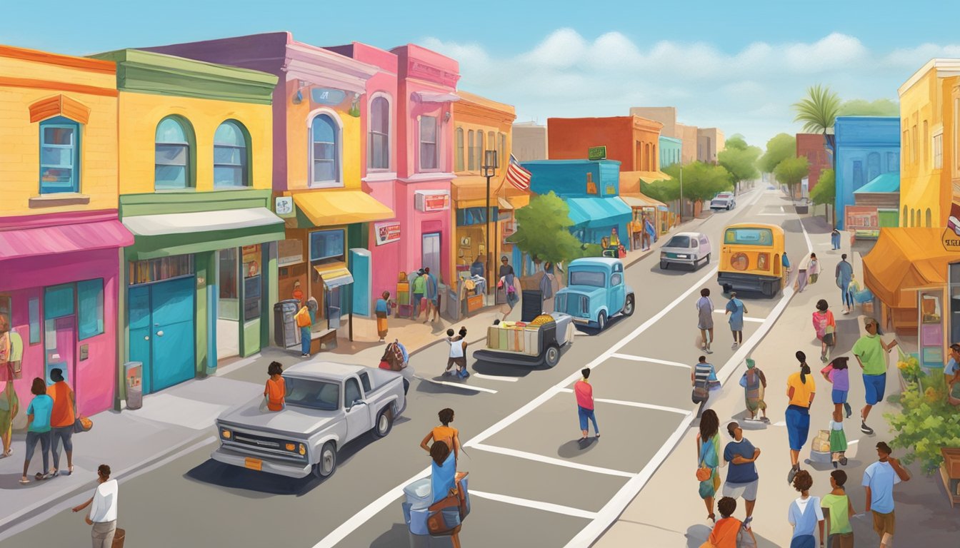 A bustling street in Brownsville, TX with a colorful community fridge surrounded by diverse buildings and vibrant murals