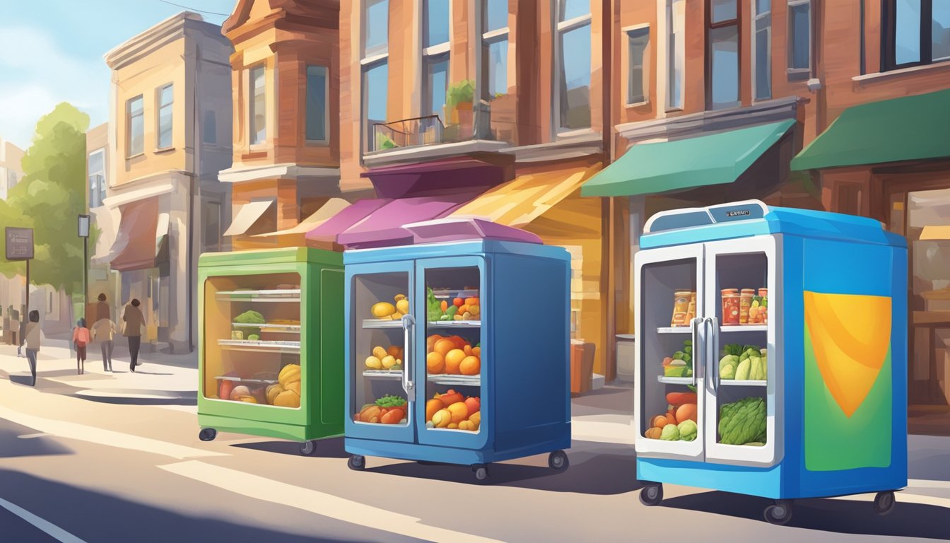 A brightly colored community fridge stands on a sunny street corner, filled with fresh produce and packaged goods. People stop by to donate and take what they need