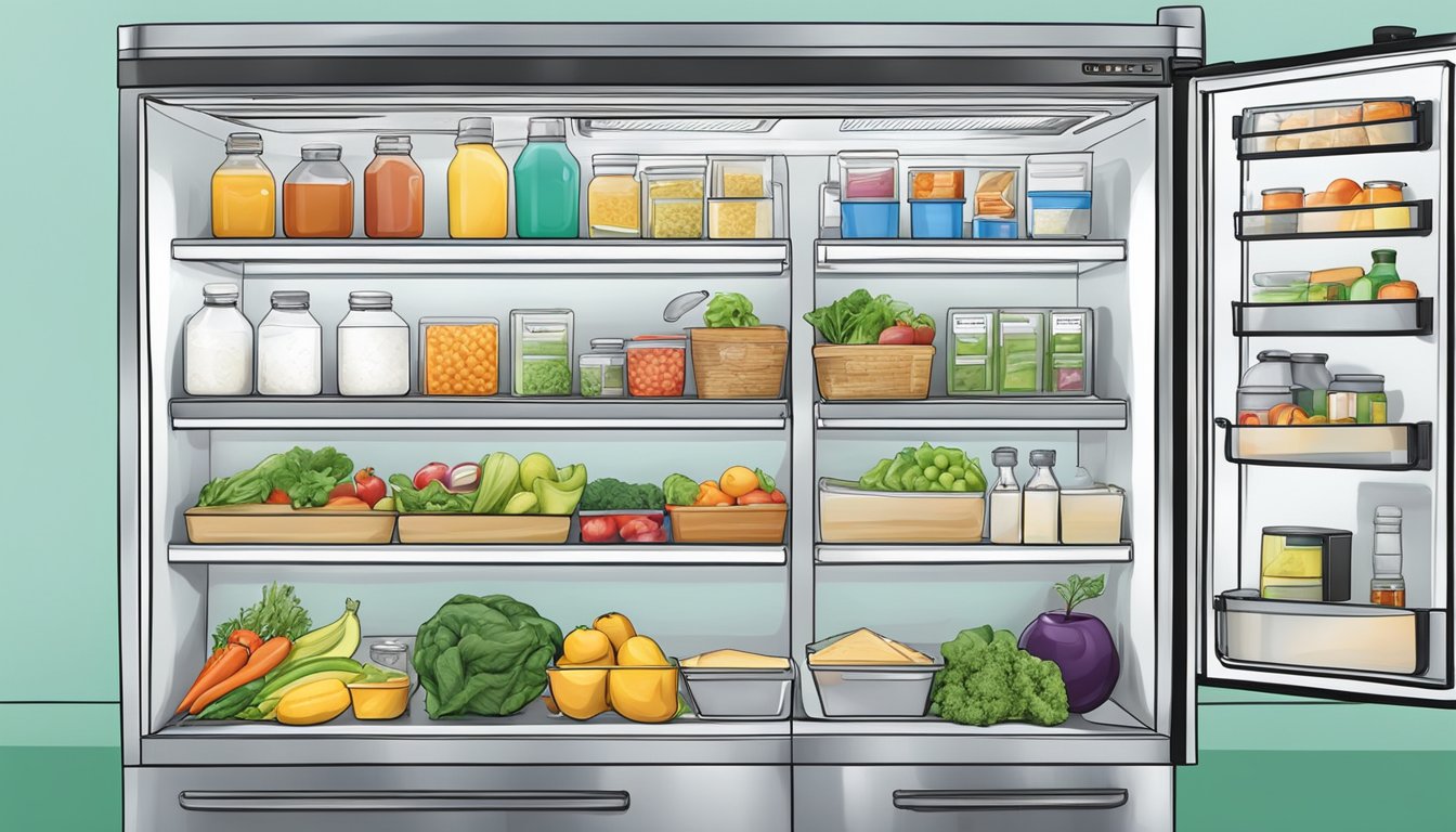 A clean and organized community fridge with clear health and safety regulations posted prominently