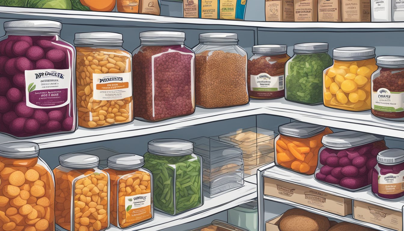 A pantry shelf with a package of Dr. Praeger's Sweet Heat Beet Veggie Burgers, alongside other stored food items