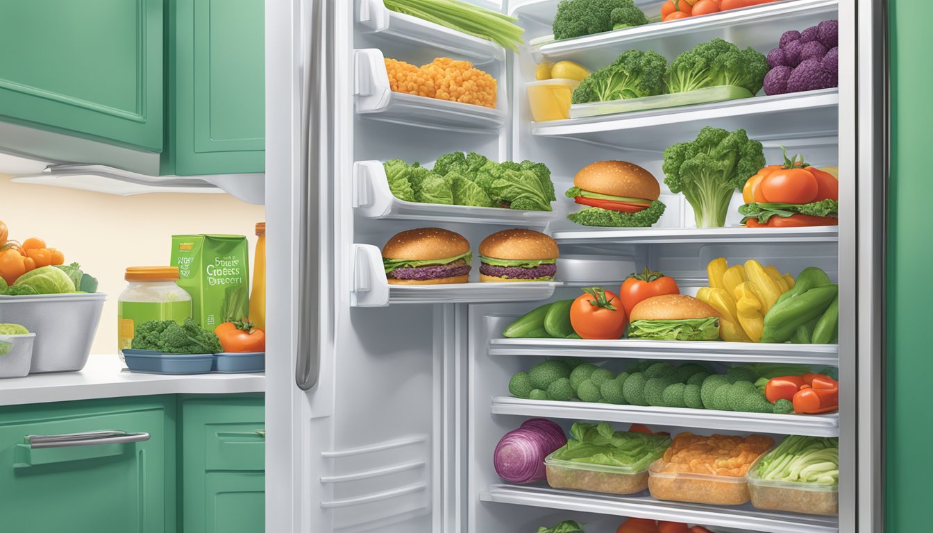 A colorful package of Dr. Praeger's Super Greens Veggie Burgers sits on a clean, organized refrigerator shelf, surrounded by fresh vegetables and other healthy food items