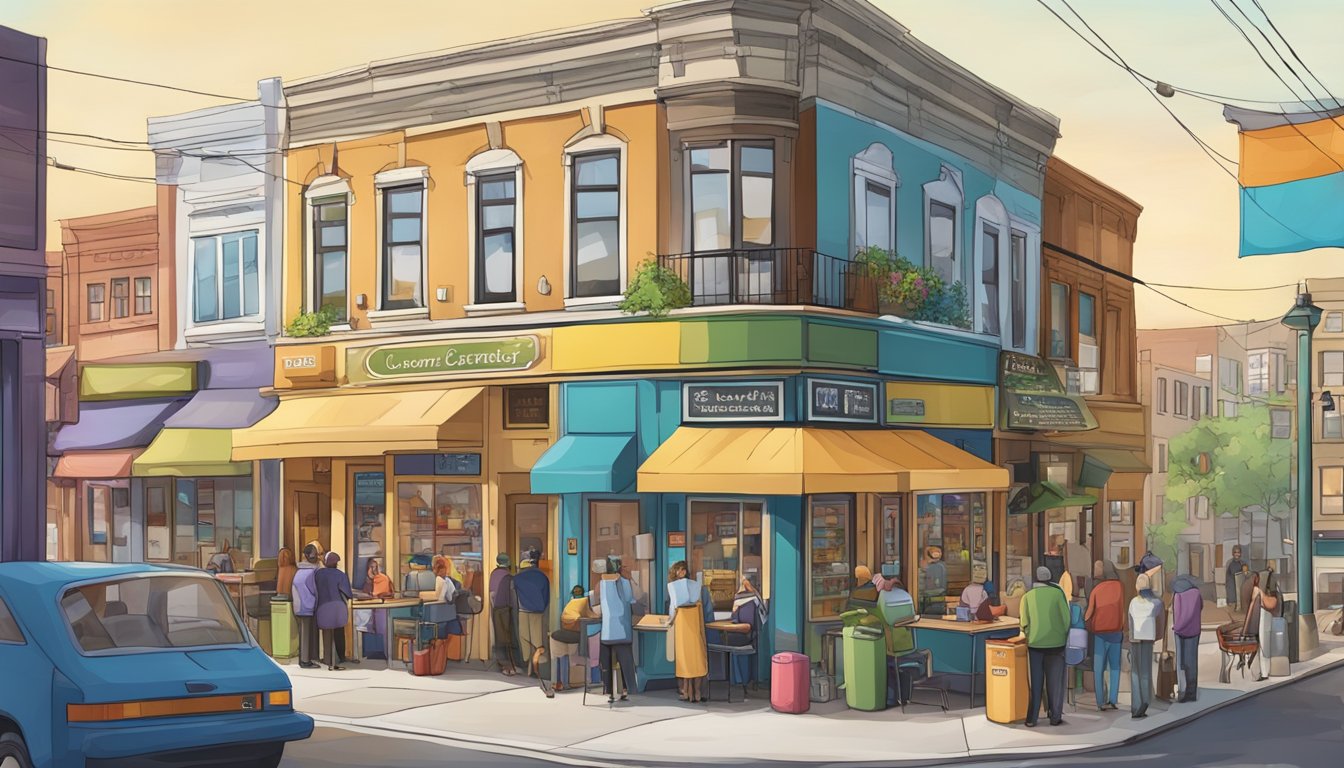 A bustling street corner with a colorful community fridge surrounded by local businesses and residents