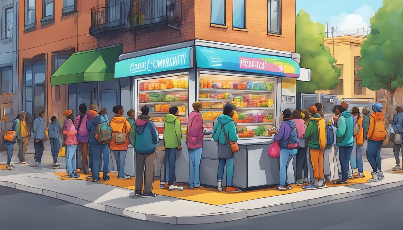 A bustling street corner with a colorful, graffiti-covered community fridge surrounded by people donating and taking food