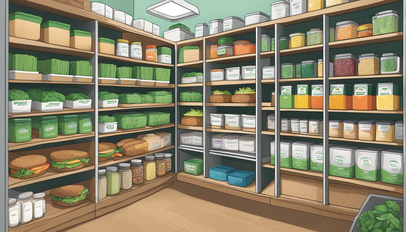 A kitchen pantry with neatly organized shelves displaying boxes of Dr. Praeger's Super Greens Veggie Burgers