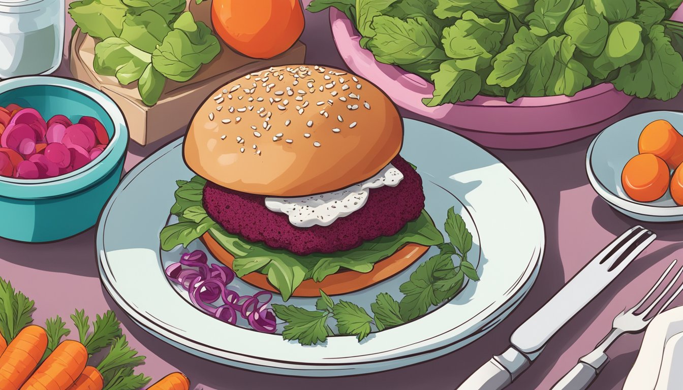 A colorful plate of Dr. Praeger's Sweet Heat Beet Veggie Burgers surrounded by fresh vegetables and a sprinkle of herbs