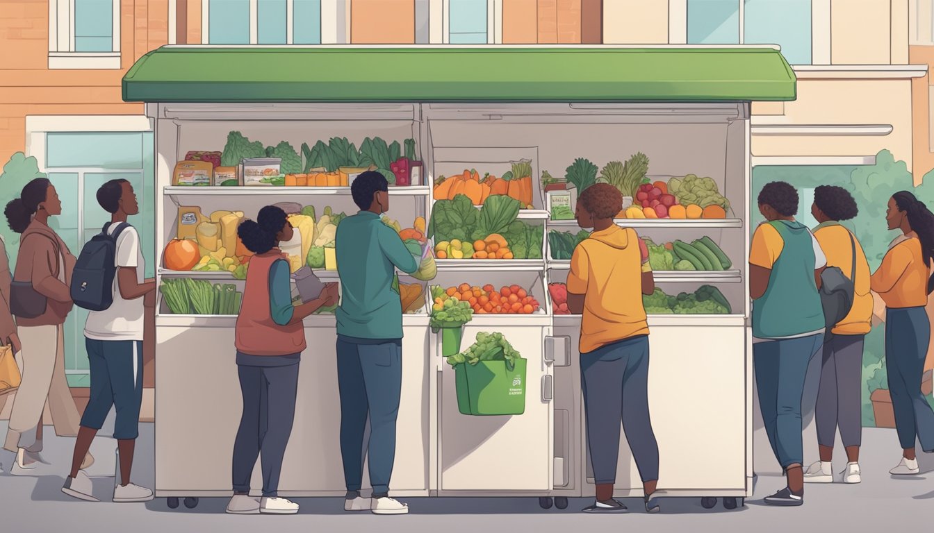 A community fridge stands open, stocked with fresh produce and packaged goods, surrounded by a diverse group of people coming to donate and take what they need