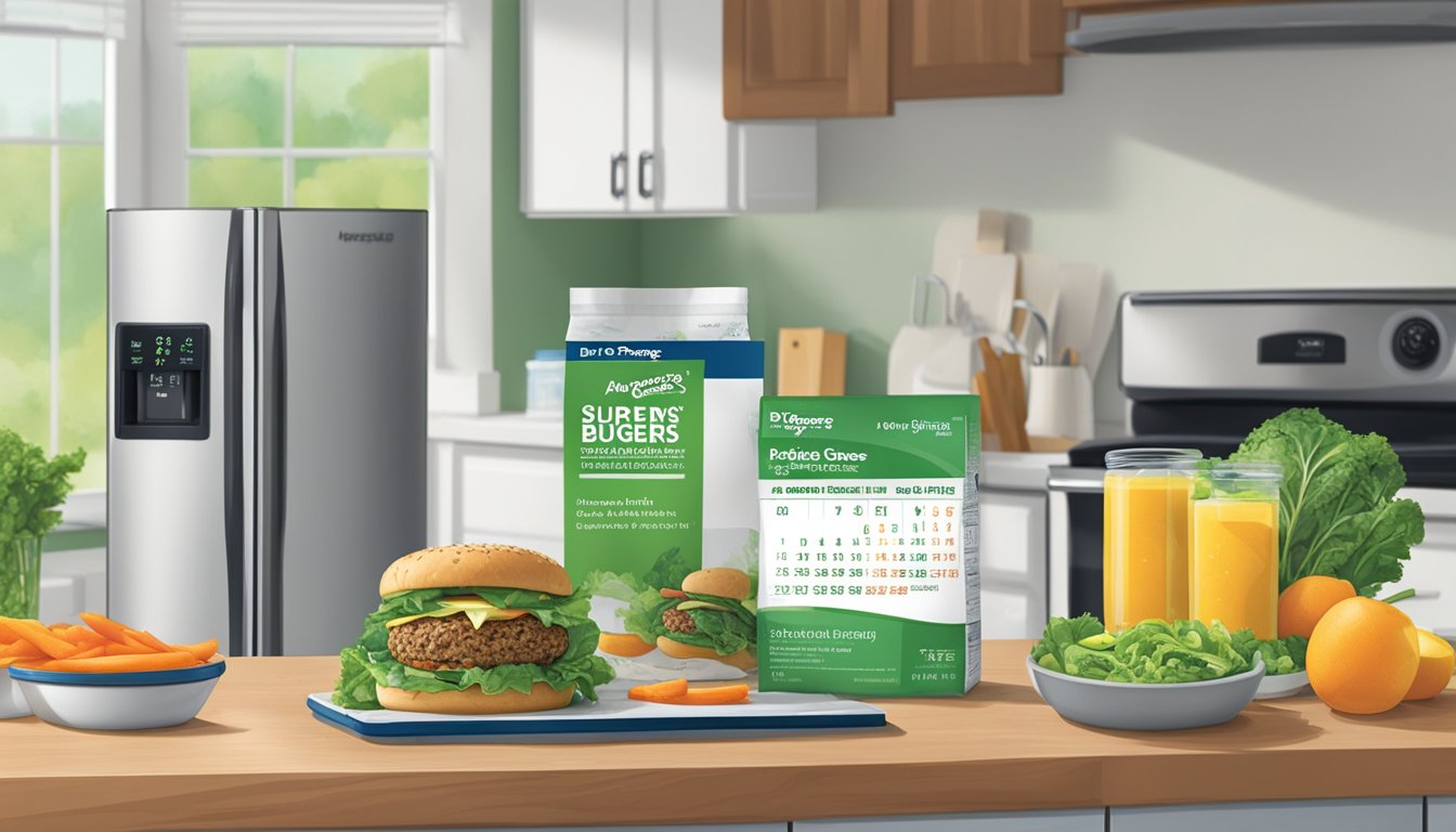 A kitchen counter with a package of Dr. Praeger's Super Greens Veggie Burgers next to a refrigerator, with a calendar showing the current date