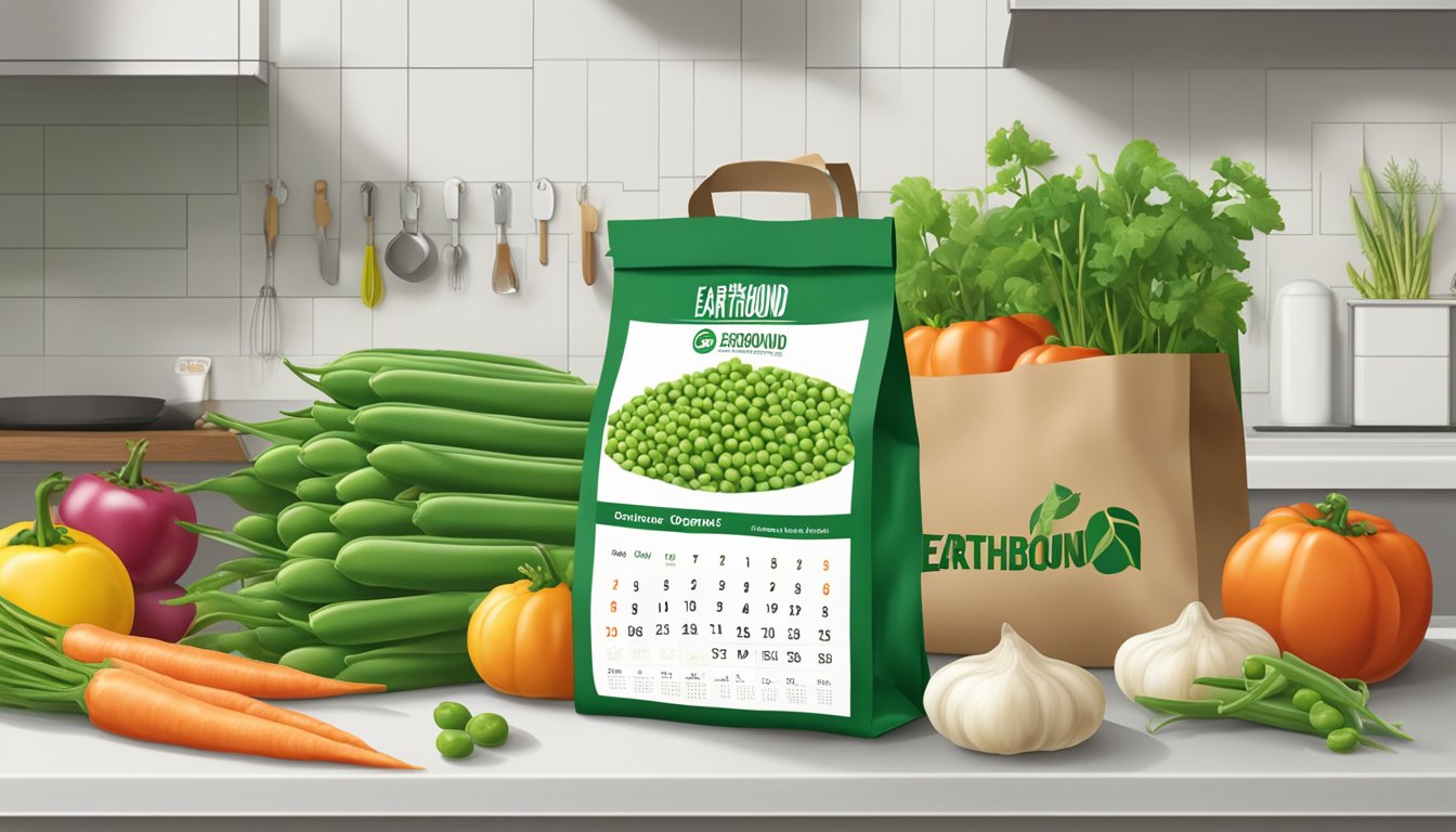 A bag of Earthbound Farm Organic Peas sits on a kitchen counter, surrounded by fresh vegetables and a calendar showing the current date