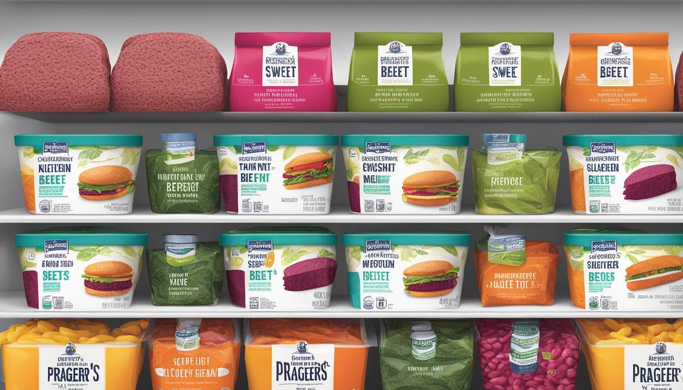 A colorful kitchen pantry shelf with a variety of packaged Dr. Praeger's Sweet Heat Beet Veggie Burgers, each with a different expiration date