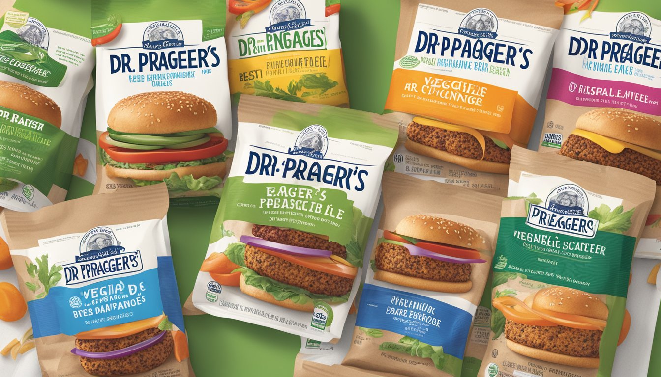 A grocery store display of Dr. Praeger's Veggie Burgers, with various flavors and packages. A "Best By" date label is visible on the packaging