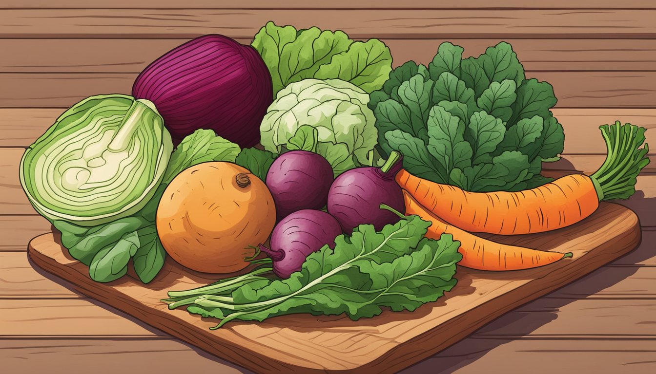 A colorful array of fresh vegetables, including beets, kale, and spinach, are neatly arranged on a cutting board, ready to be transformed into a delicious veggie burger