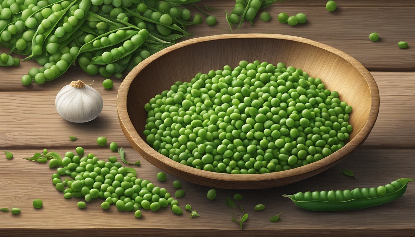 A bowl of Earthbound Farm Organic Peas sits on a rustic wooden table, surrounded by fresh greenery and a scattering of pea pods