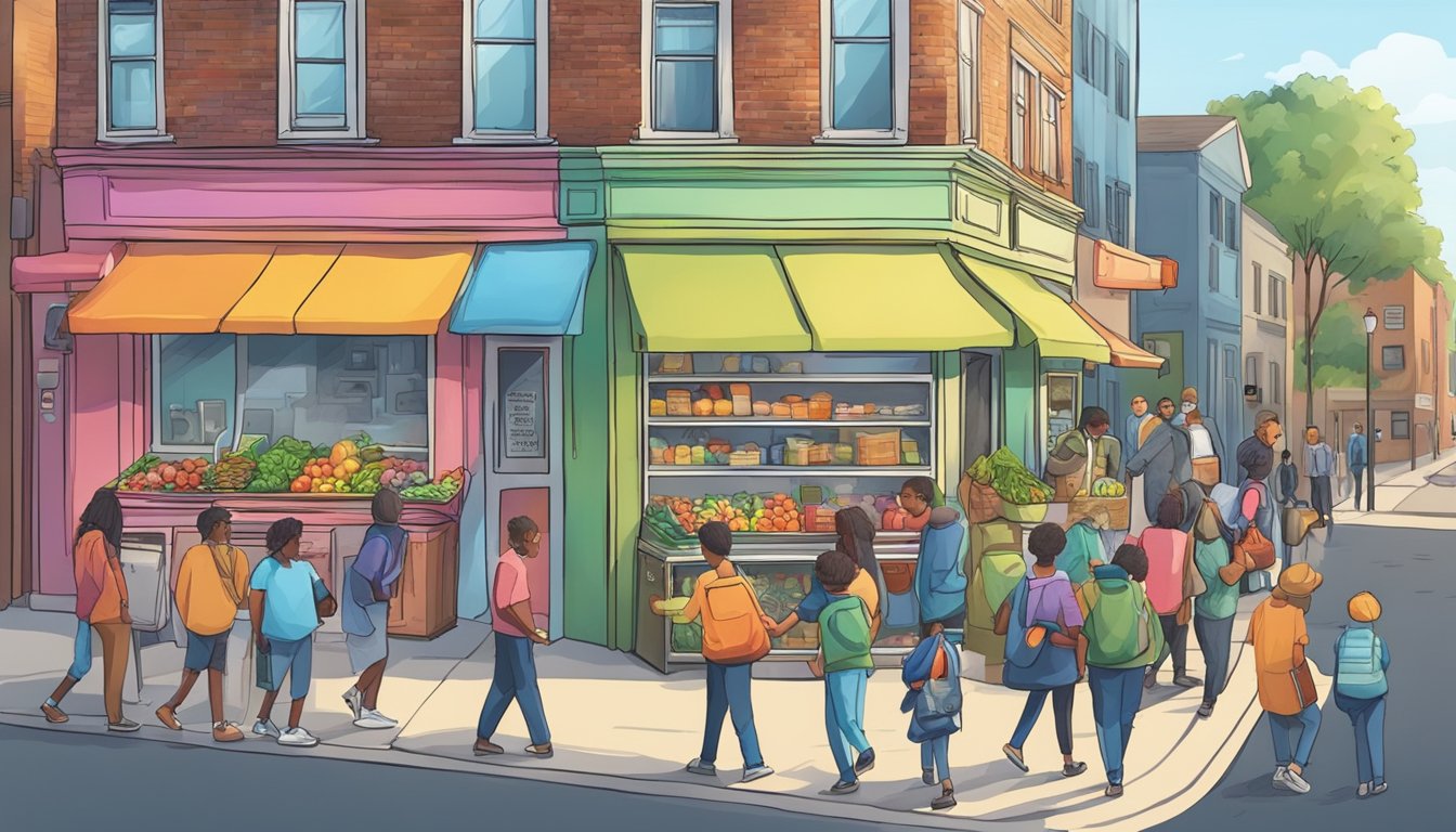 A bustling street corner with a colorful community fridge surrounded by people donating and taking food