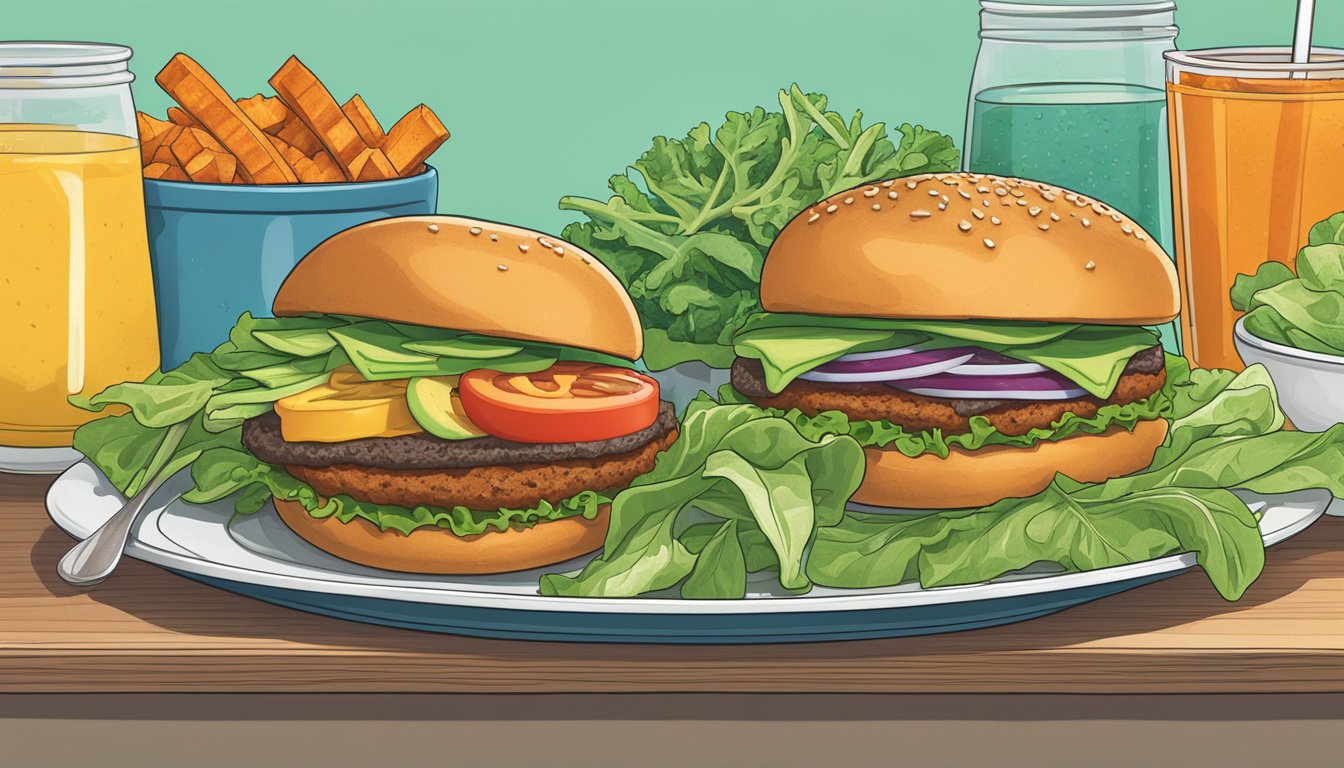 A colorful plate of Dr. Praeger's Super Greens veggie burgers surrounded by fresh lettuce, tomato, and avocado slices, with a side of golden brown sweet potato fries