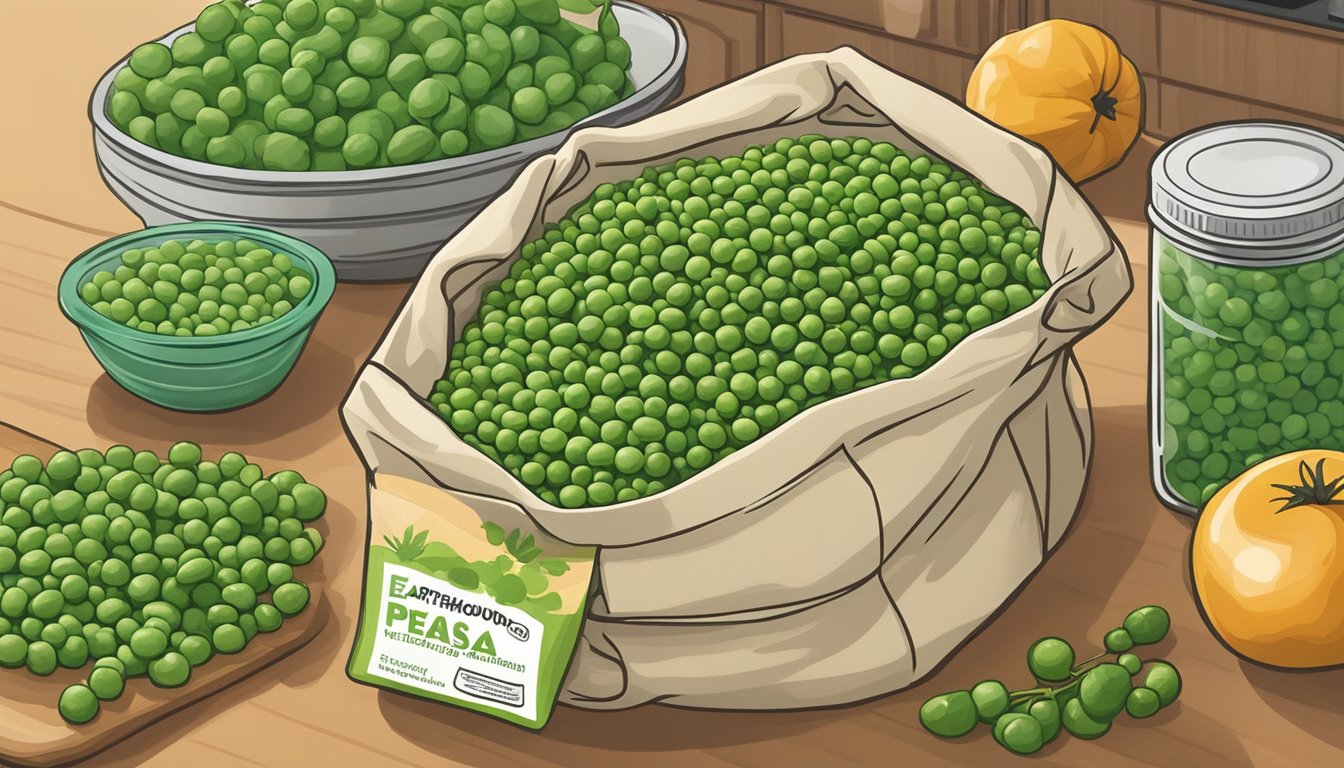 A bag of Earthbound Farm organic peas sits on a kitchen counter, surrounded by other fresh produce. The peas are vibrant green and appear to be in good condition