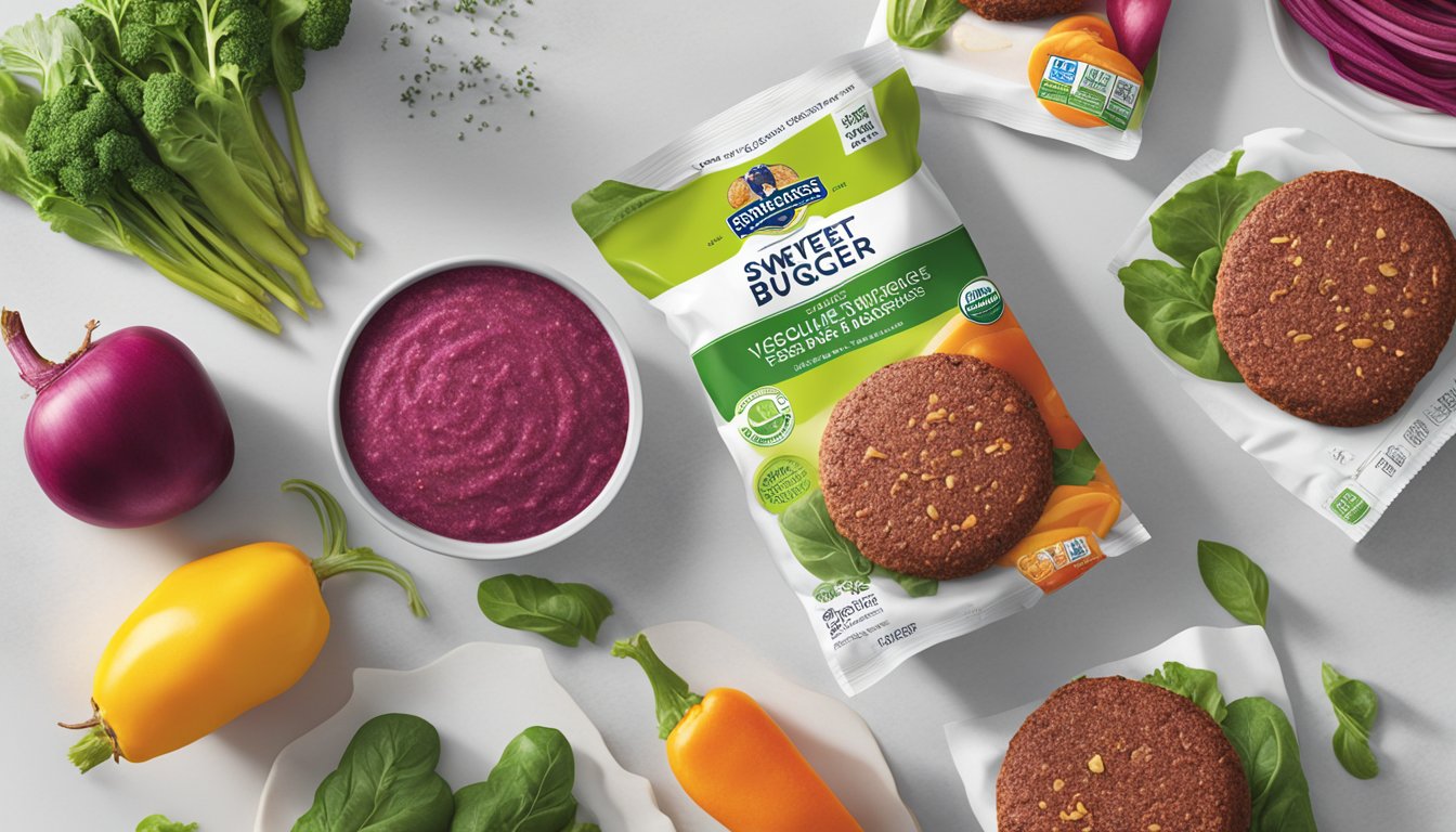 A colorful package of Dr. Praeger's Sweet Heat Beet Veggie Burgers sits on a clean, modern kitchen counter, surrounded by fresh ingredients