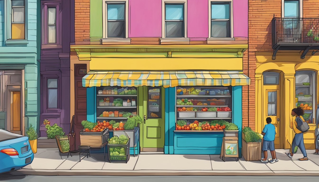 A bustling street corner in Pittsburgh, PA, with a vibrant community fridge adorned with colorful murals and filled with fresh produce and food items