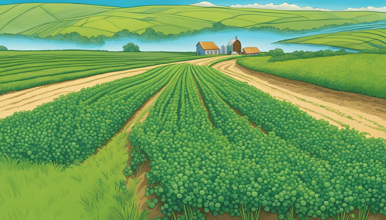 A vibrant, lush field of organic pea plants stretches out under a bright blue sky, with the Earthbound Farm logo prominently displayed on a nearby sign