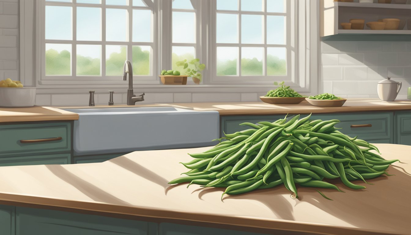 A vibrant, freshly picked bunch of Earthbound Farm organic green beans sits on a clean, white countertop, surrounded by natural light streaming in through a nearby window