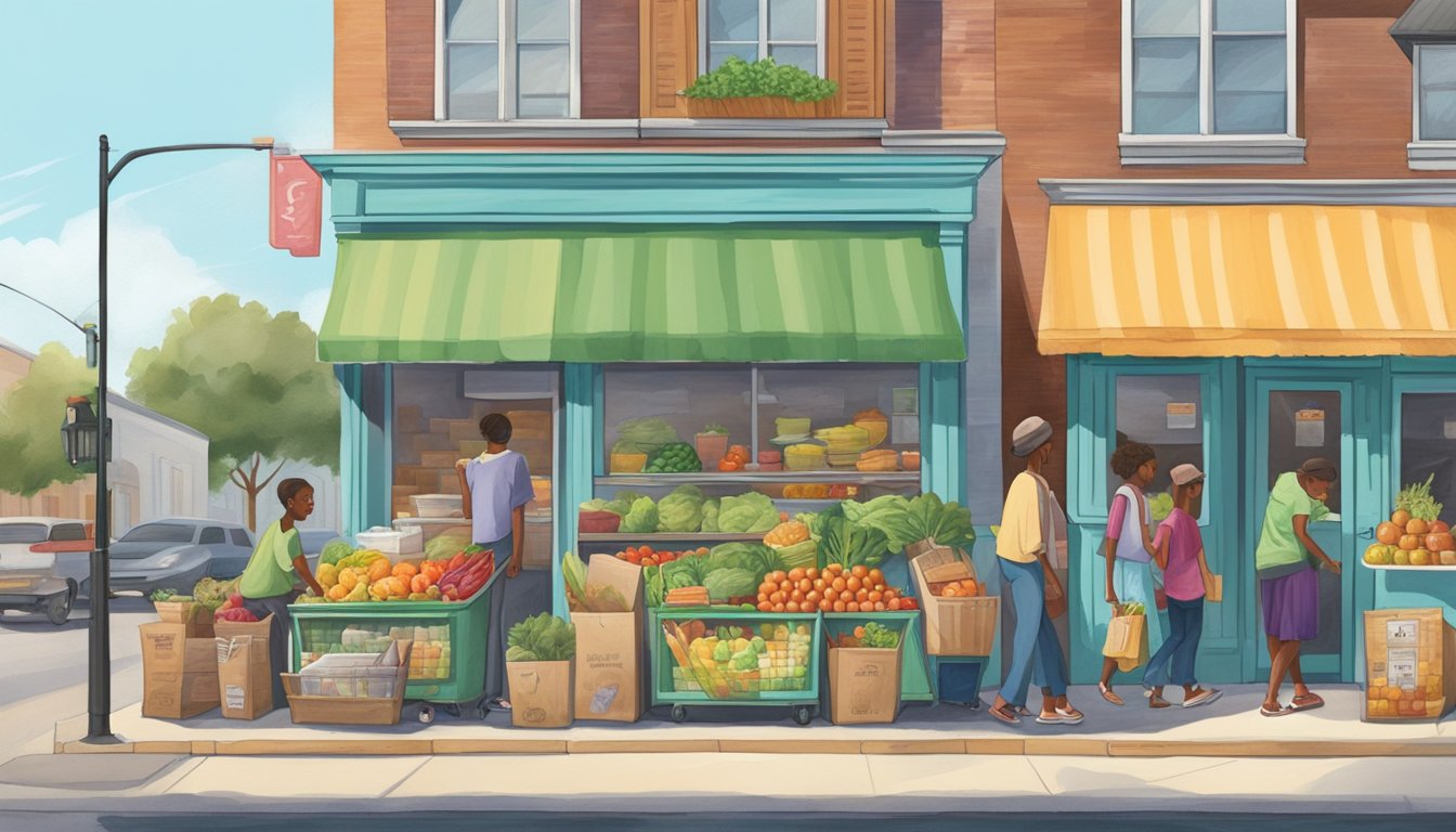 A bustling street corner in Beaumont, Texas, with a colorful community fridge adorned with fresh produce and food items, surrounded by eager locals donating and taking items