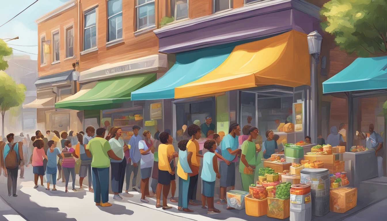 A bustling street corner with a colorful, decorated fridge surrounded by diverse individuals donating and taking food items