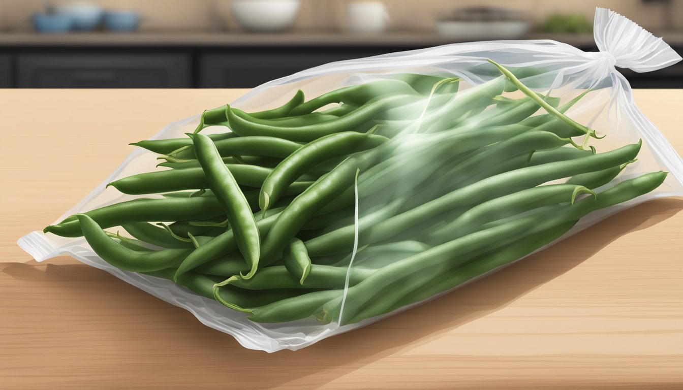 A clear, plastic bag of Earthbound Farm organic green beans sits on a kitchen counter, with a "best by" date visible