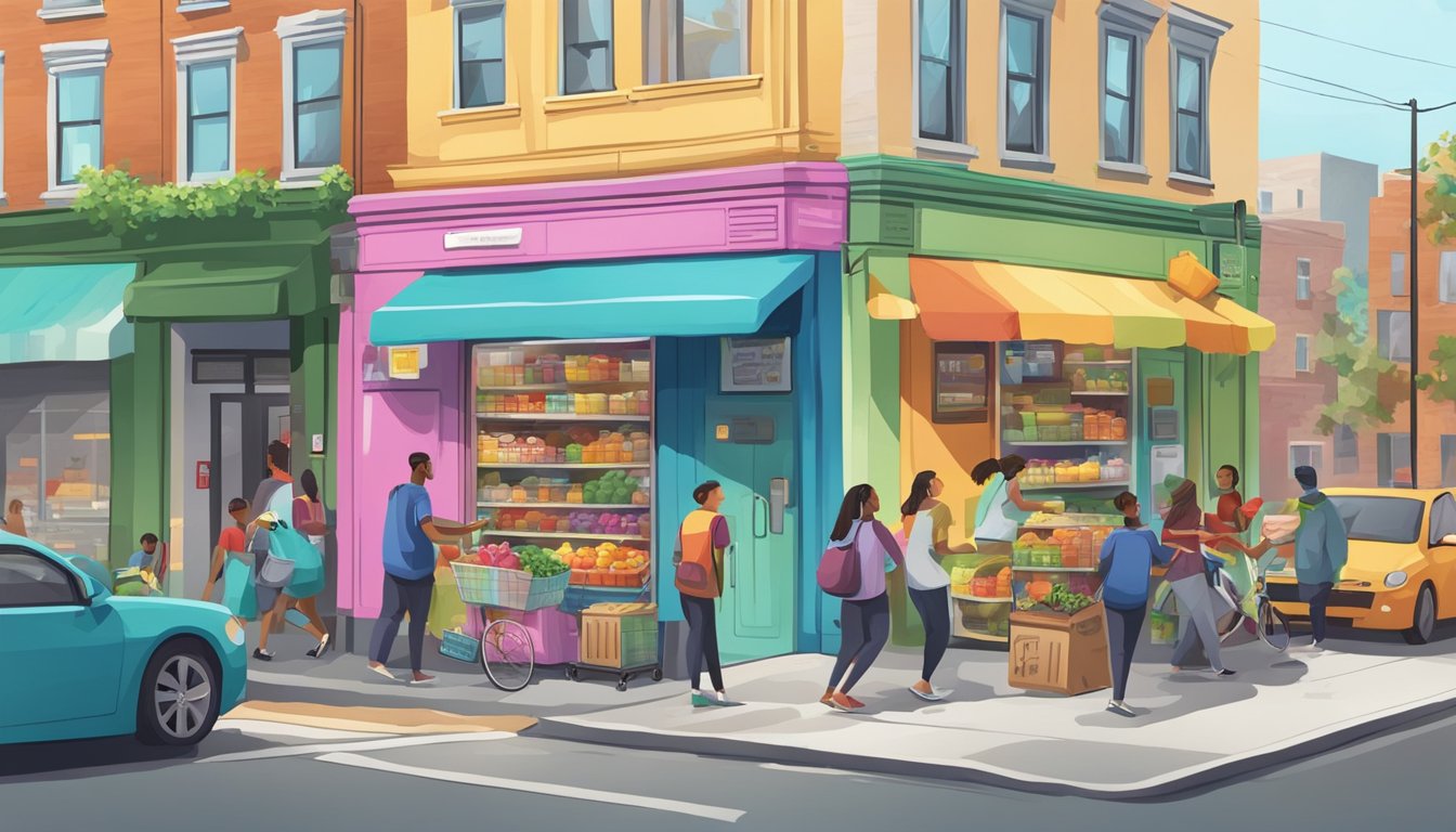 A bustling street corner with a colorful, well-stocked community fridge surrounded by people dropping off and picking up food items