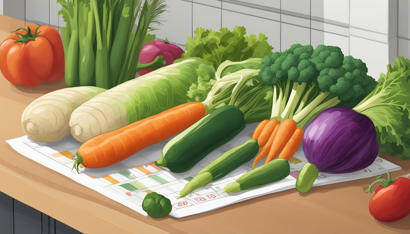 A colorful array of organic mixed vegetables arranged on a kitchen counter, with a calendar showing the current date in the background