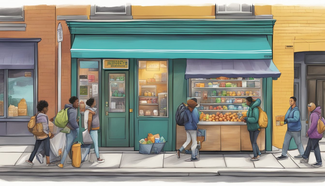 A bustling street corner in Pittsburgh, with a colorful community fridge surrounded by people donating and taking food