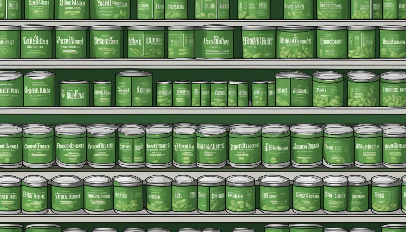 A pantry shelf with a neatly arranged row of Earthbound Farm organic green bean cans, some with expiration dates visible