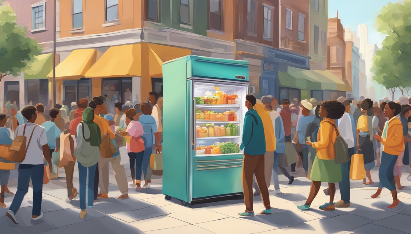 A bustling city street with a colorful, decorated refrigerator standing prominently on the sidewalk, surrounded by a diverse group of people contributing and taking food